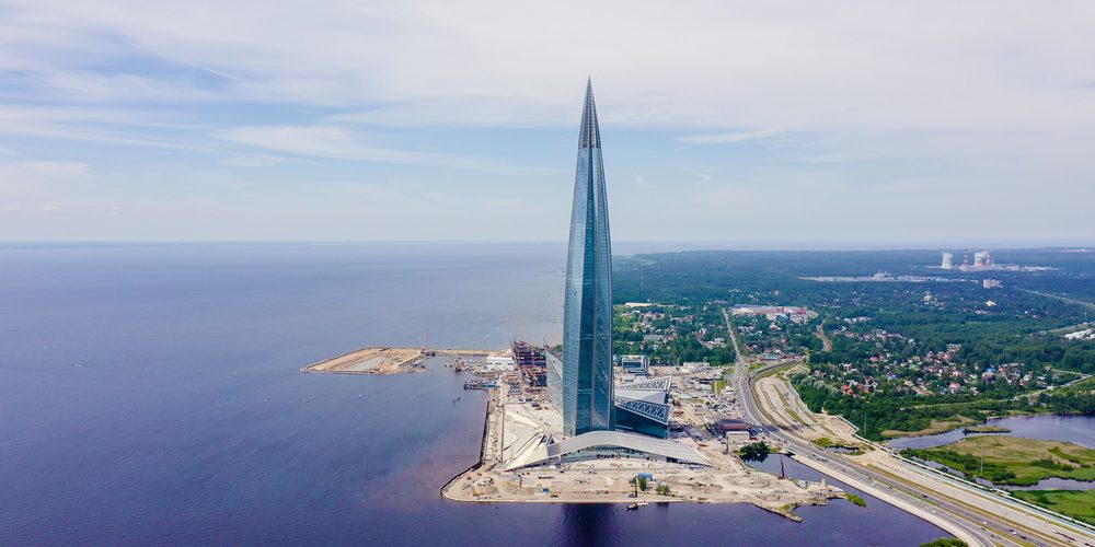 Saint-Petersburg, Russia - June 18, 2019: Lakhta Center. Gazprom headquarters, From Drone  