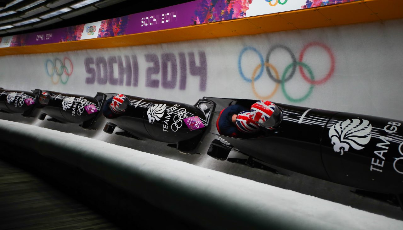 Sochi, RUSSIA - February 16, 2014: Great Britain 1 team at two-man bobsleigh heat at Sochi 2014 XXII Olympic Winter Games